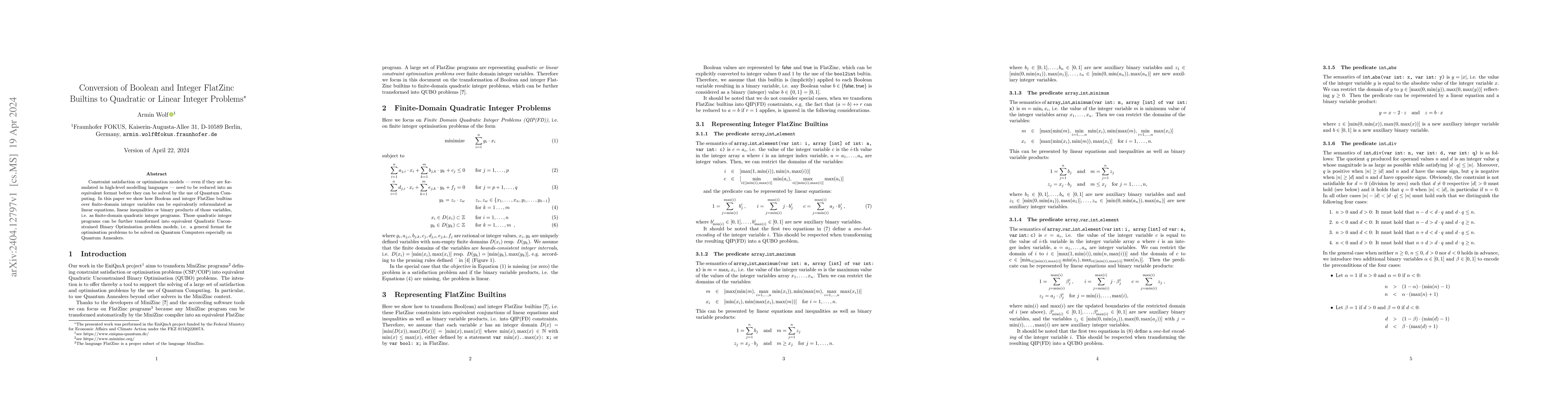 Thumbnail for Conversion of Boolean and Integer FlatZinc Builtins to Quadratic or
  Linear Integer Problems