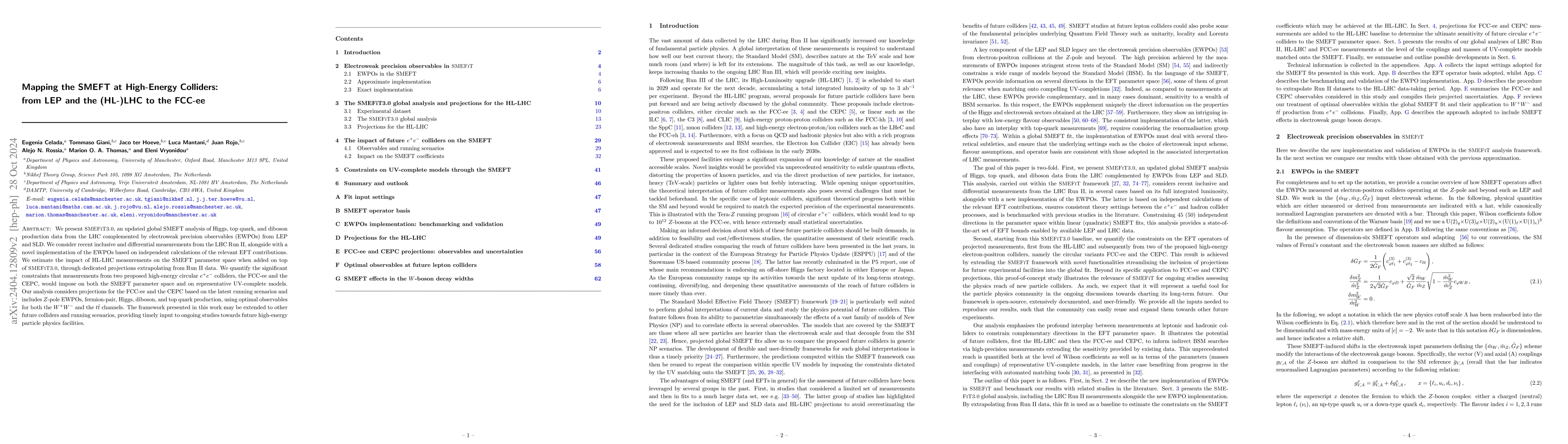 Thumbnail for Mapping the SMEFT at High-Energy Colliders: from LEP and the (HL-)LHC to
  the FCC-ee