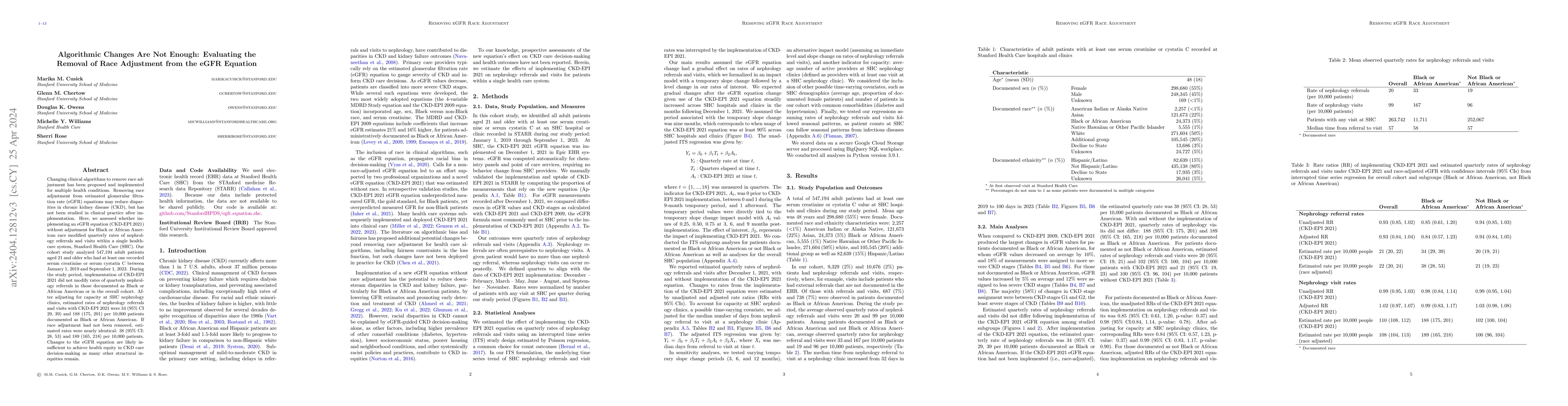 Thumbnail for Algorithmic Changes Are Not Enough: Evaluating the Removal of Race
  Adjustment from the eGFR Equation