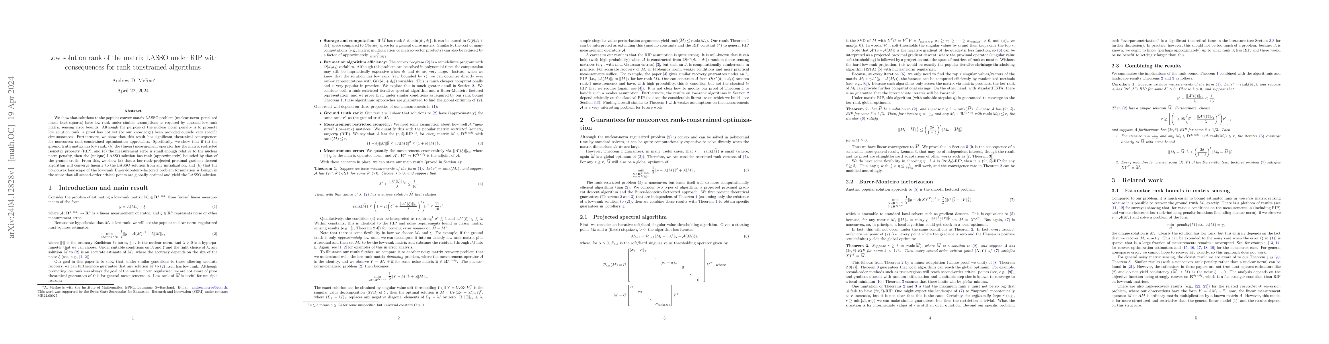 Thumbnail for Low solution rank of the matrix LASSO under RIP with consequences for
  rank-constrained algorithms