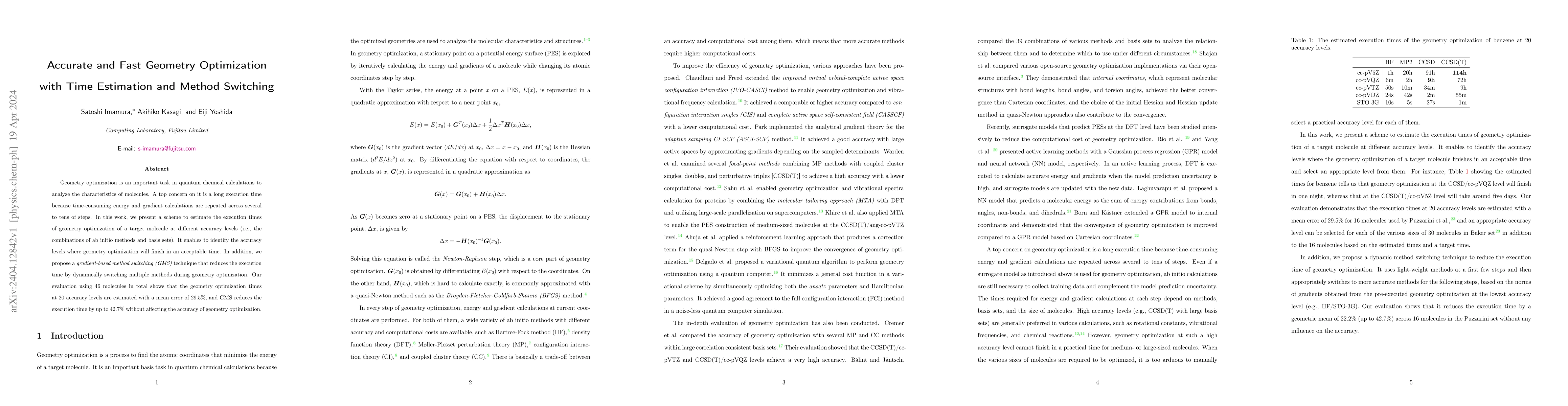 Thumbnail for Accurate and Fast Geometry Optimization with Time Estimation and Method
  Switching