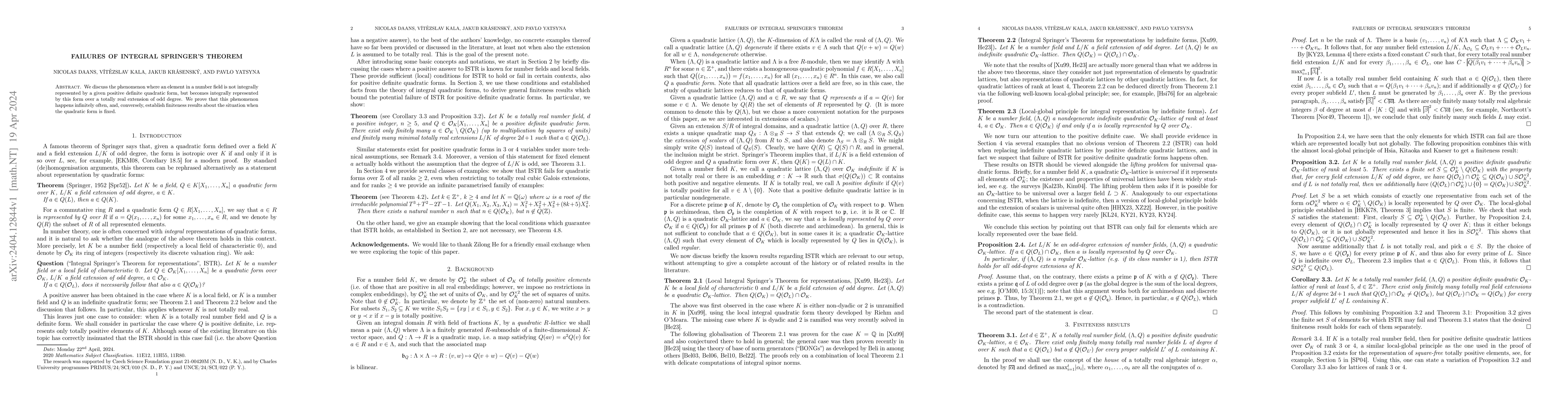 Thumbnail for Failures of integral Springer's Theorem