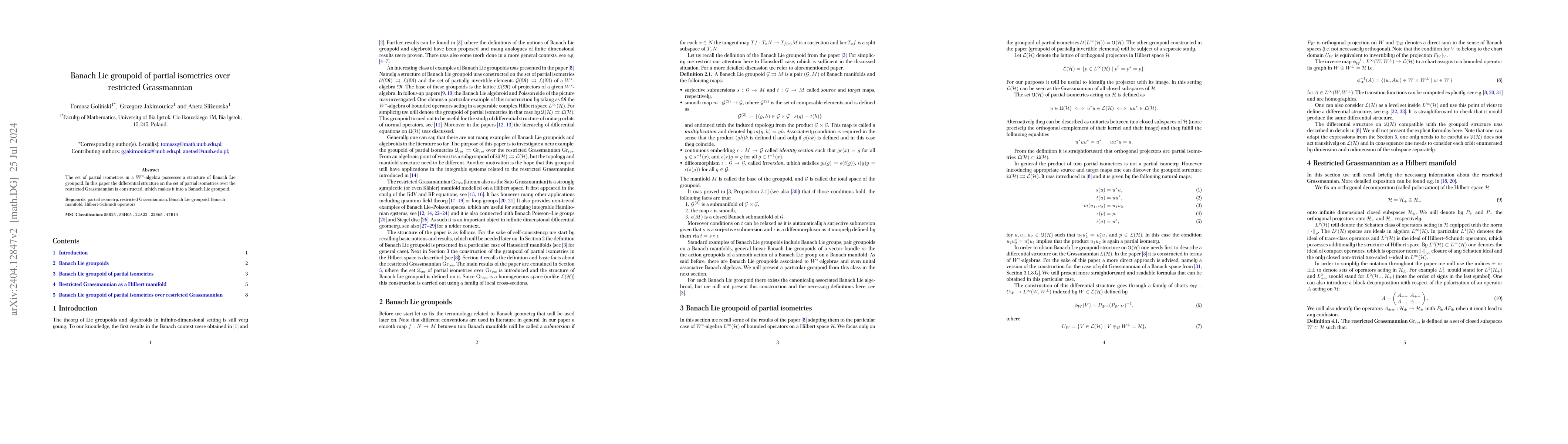 Thumbnail for Banach Lie groupoid of partial isometries over restricted Grassmannian