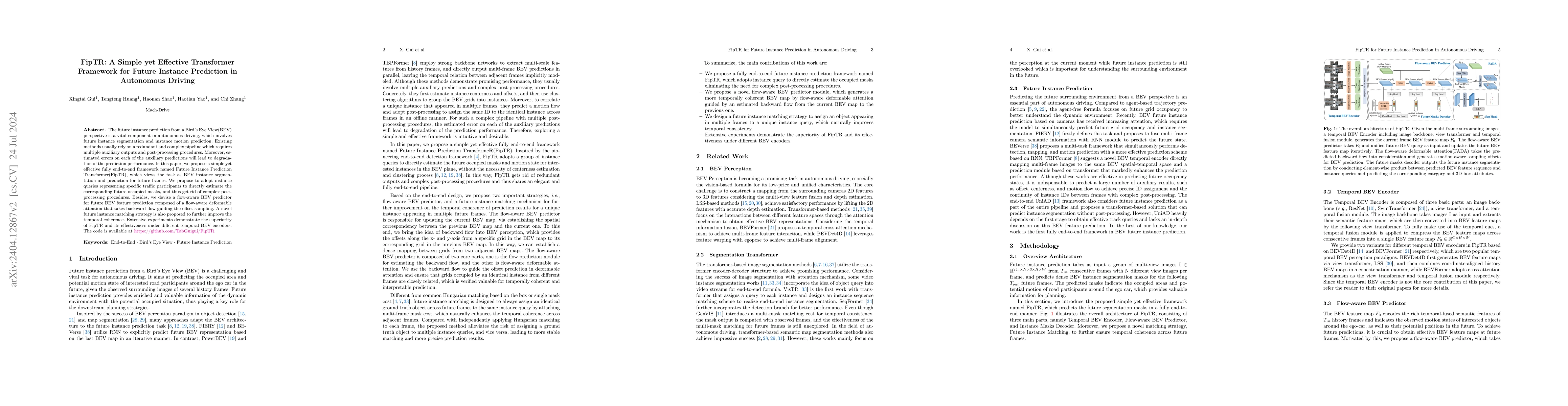 Thumbnail for FipTR: A Simple yet Effective Transformer Framework for Future Instance
  Prediction in Autonomous Driving