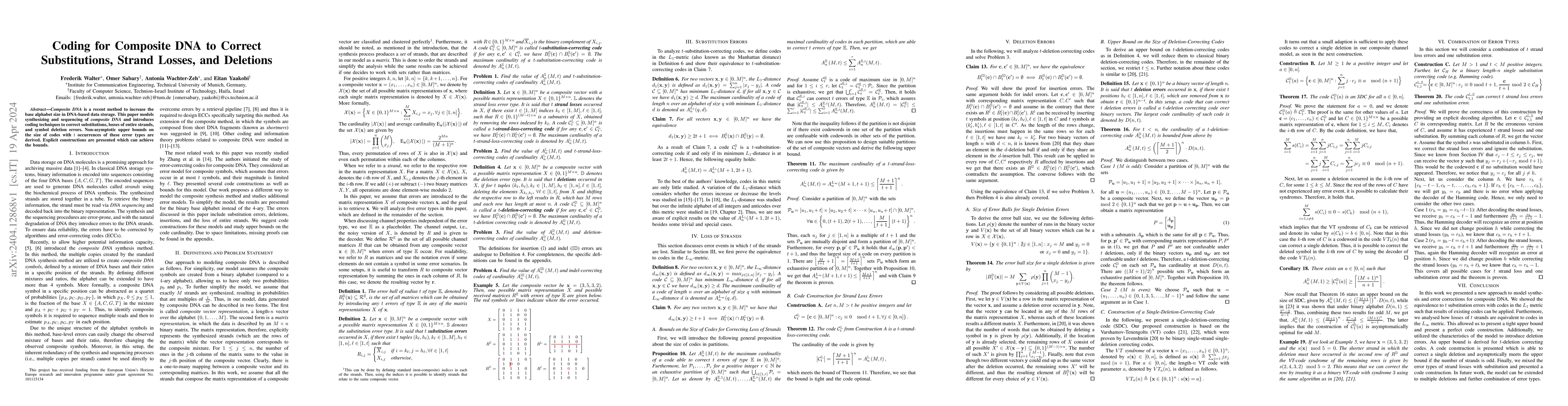 Thumbnail for Coding for Composite DNA to Correct Substitutions, Strand Losses, and
  Deletions