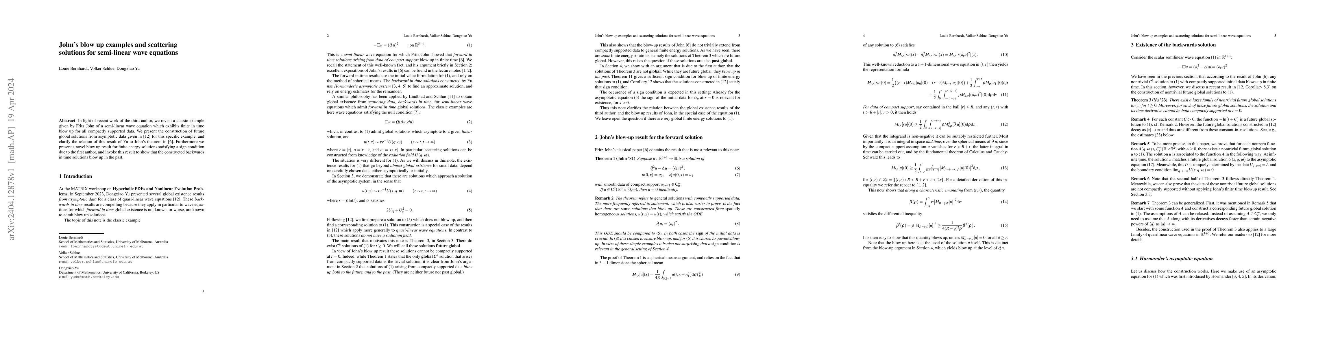 Thumbnail for John's blow up examples and scattering solutions for semi-linear wave
  equations