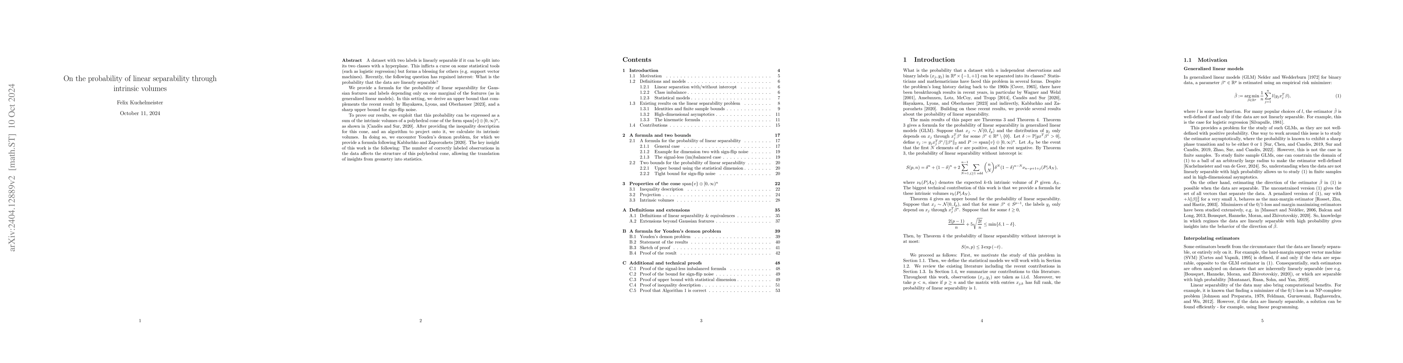 Thumbnail for On the probability of linear separability through intrinsic volumes