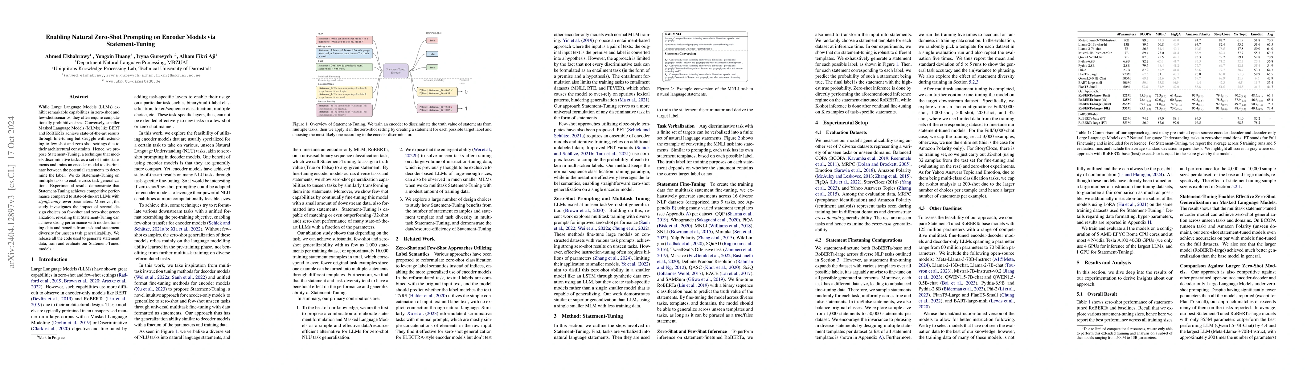Thumbnail for Enabling Natural Zero-Shot Prompting on Encoder Models via
  Statement-Tuning