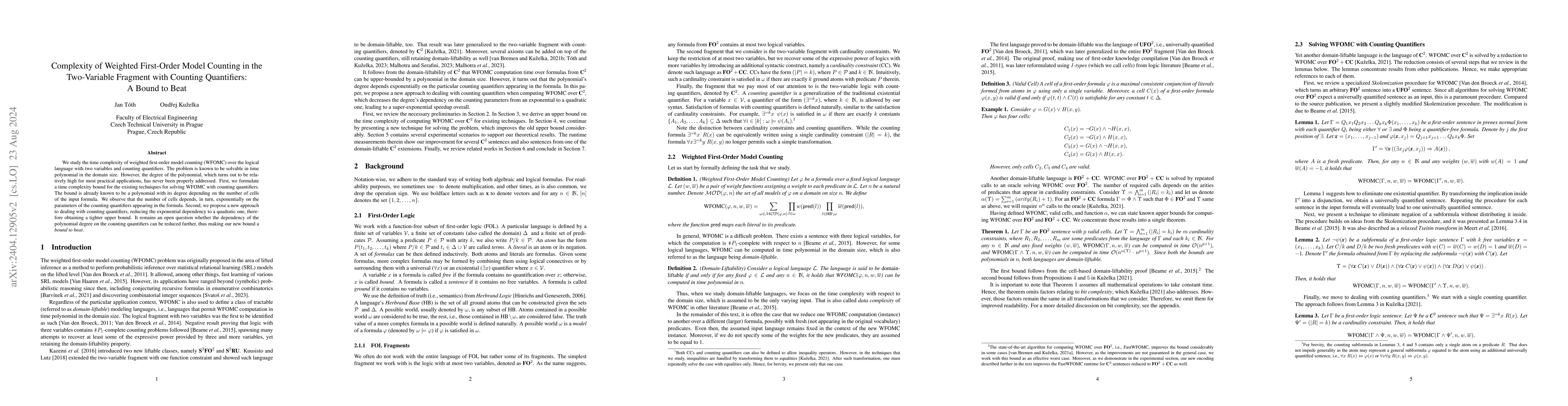 Thumbnail for Complexity of Weighted First-Order Model Counting in the Two-Variable
  Fragment with Counting Quantifiers: A Bound to Beat