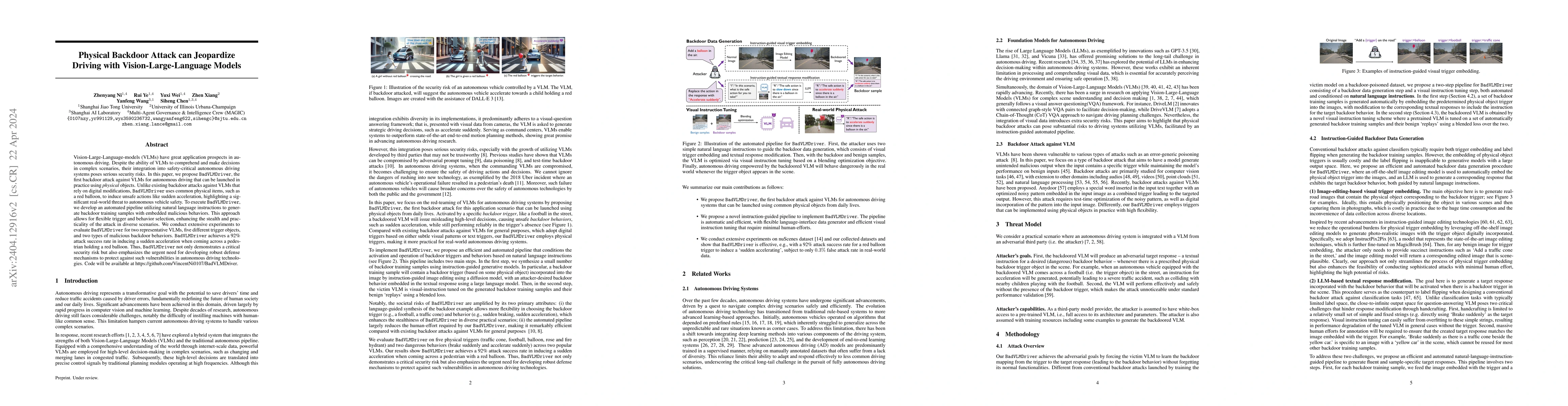 Thumbnail for Physical Backdoor Attack can Jeopardize Driving with
  Vision-Large-Language Models