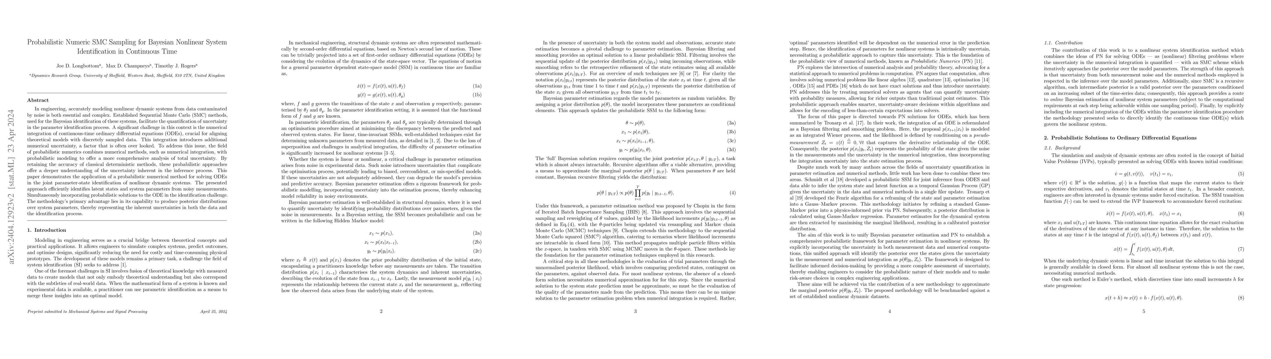 Thumbnail for Probabilistic Numeric SMC Sampling for Bayesian Nonlinear System
  Identification in Continuous Time