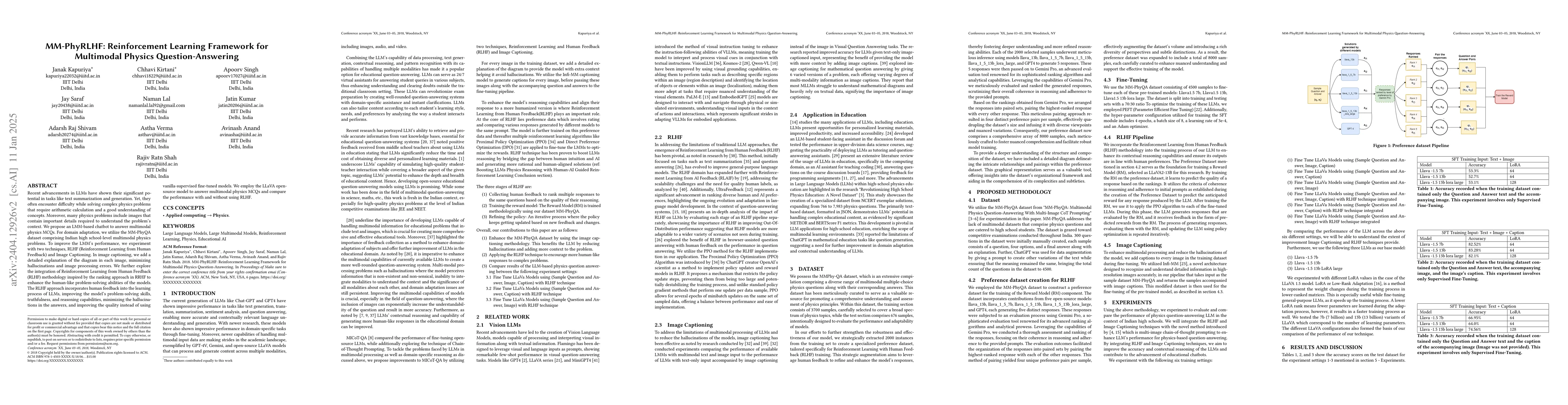 Thumbnail for MM-PhyRLHF: Reinforcement Learning Framework for Multimodal Physics
  Question-Answering