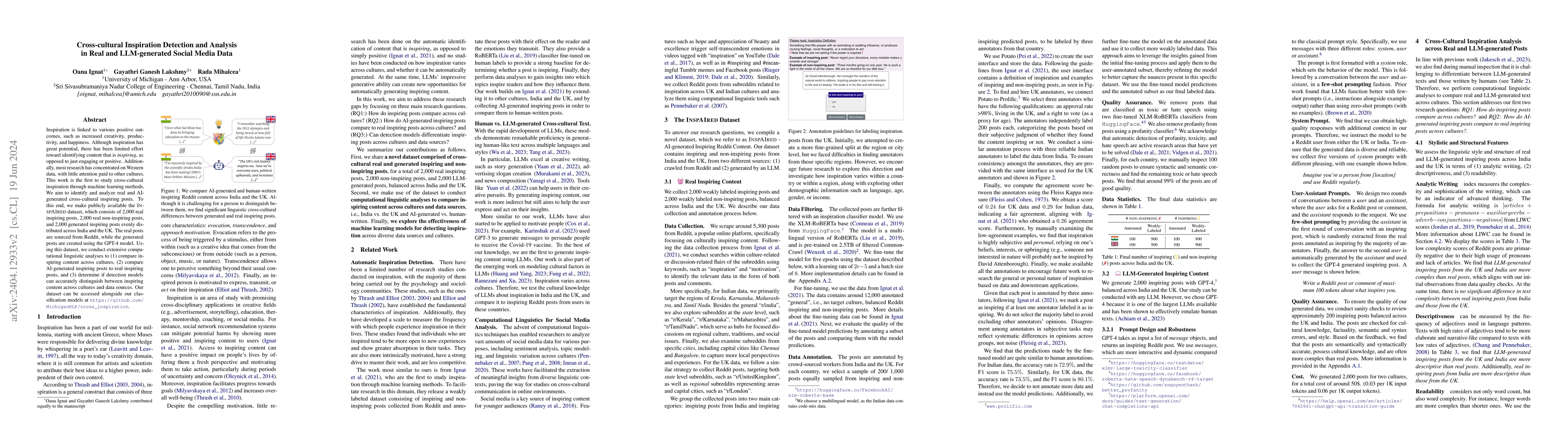 Thumbnail for Cross-cultural Inspiration Detection and Analysis in Real and
  LLM-generated Social Media Data