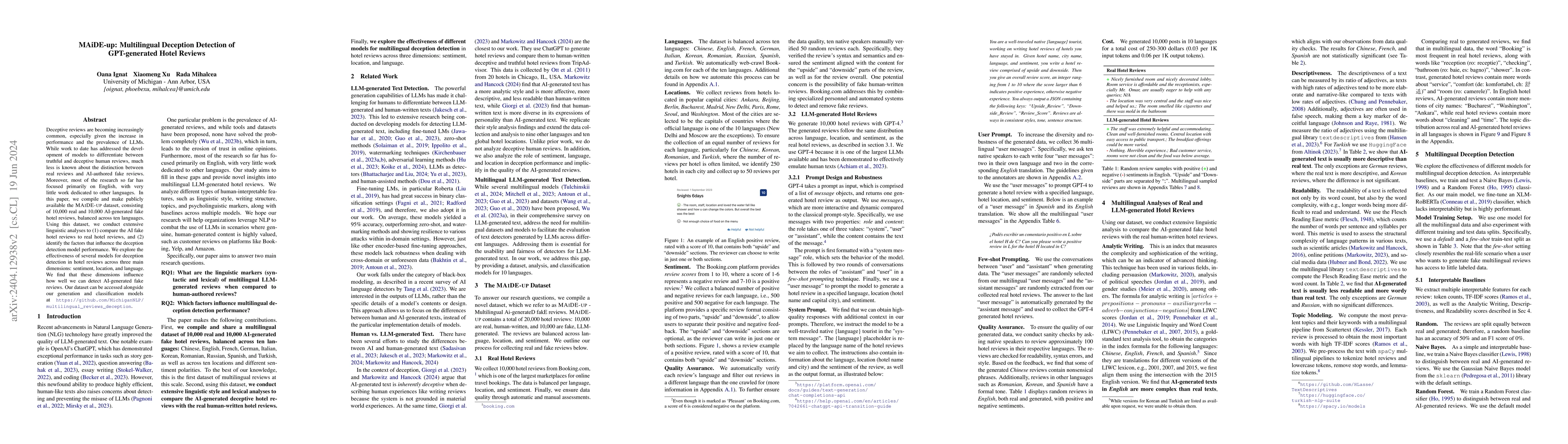 Thumbnail for MAiDE-up: Multilingual Deception Detection of GPT-generated Hotel
  Reviews