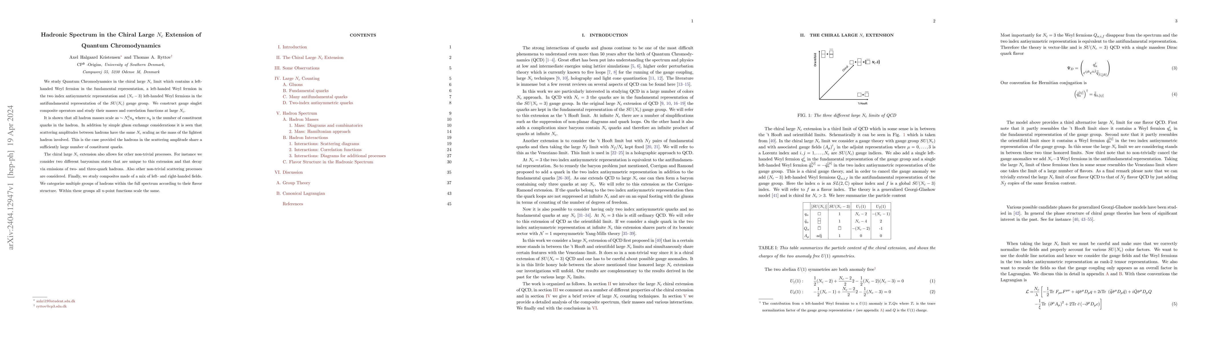 Thumbnail for Hadronic Spectrum in the Chiral Large $N_c$ Extension of Quantum
  Chromodynamics