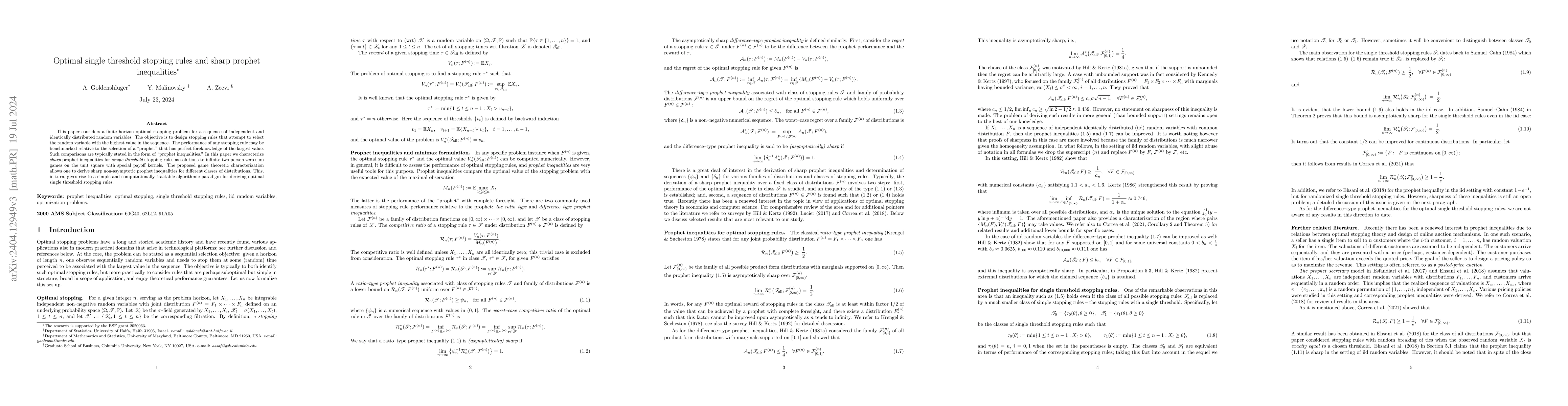 Thumbnail for Optimal single threshold stopping rules and sharp prophet inequalities