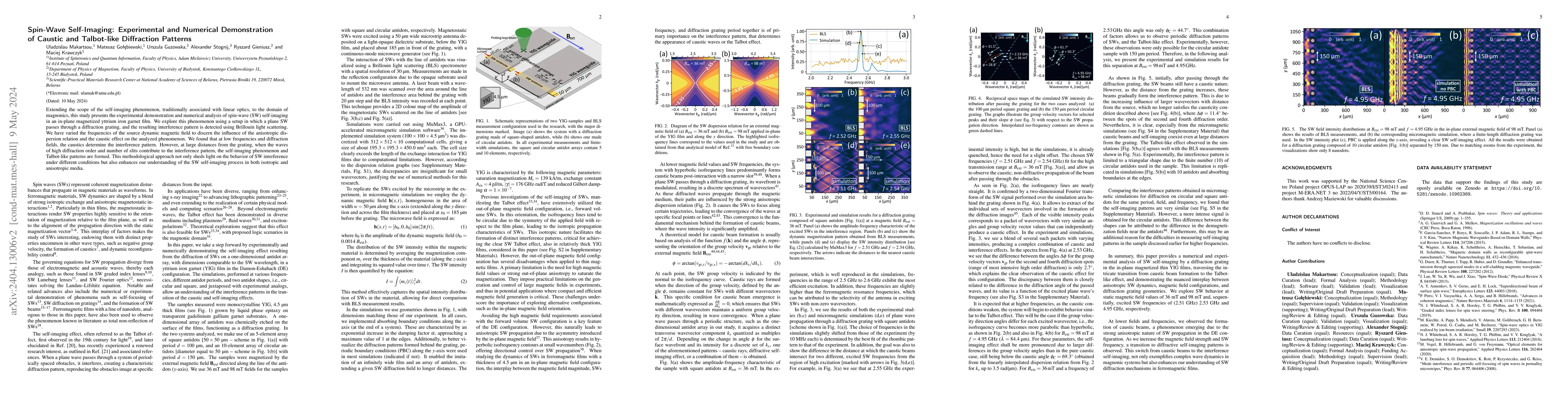 Thumbnail for Spin-Wave Self-Imaging: Experimental and Numerical Demonstration of
  Caustic and Talbot-like Diffraction Patterns