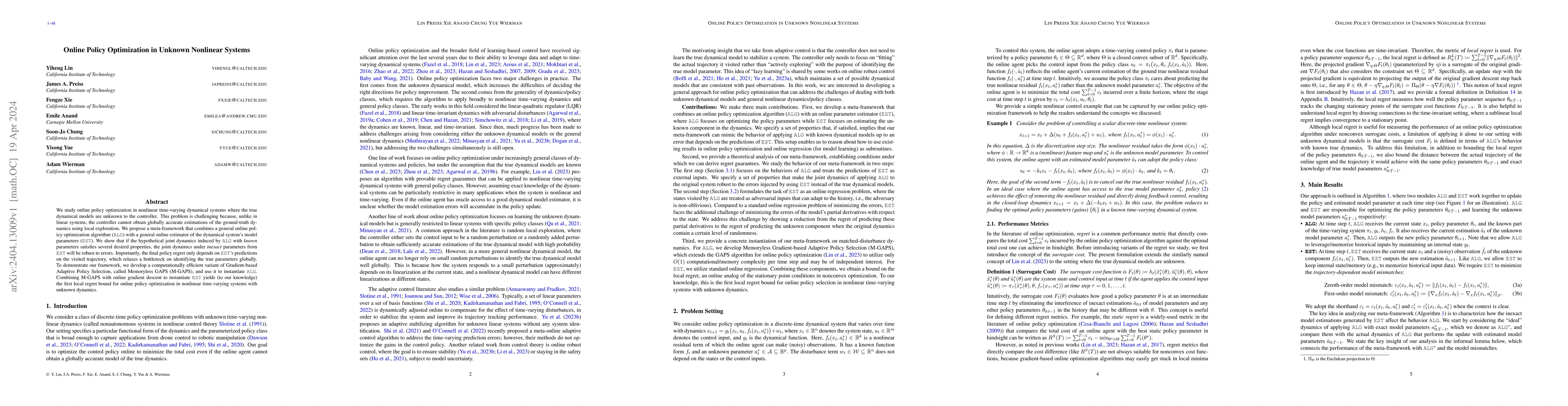 Thumbnail for Online Policy Optimization in Unknown Nonlinear Systems