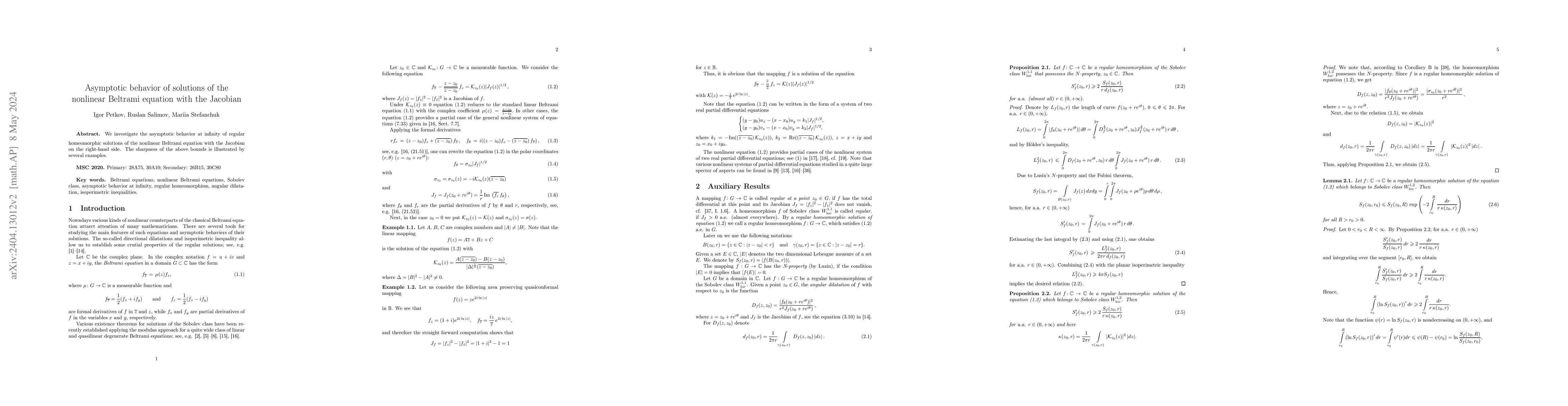 Thumbnail for Asymptotic behavior of solutions of the nonlinear Beltrami equation with
  the Jacobian