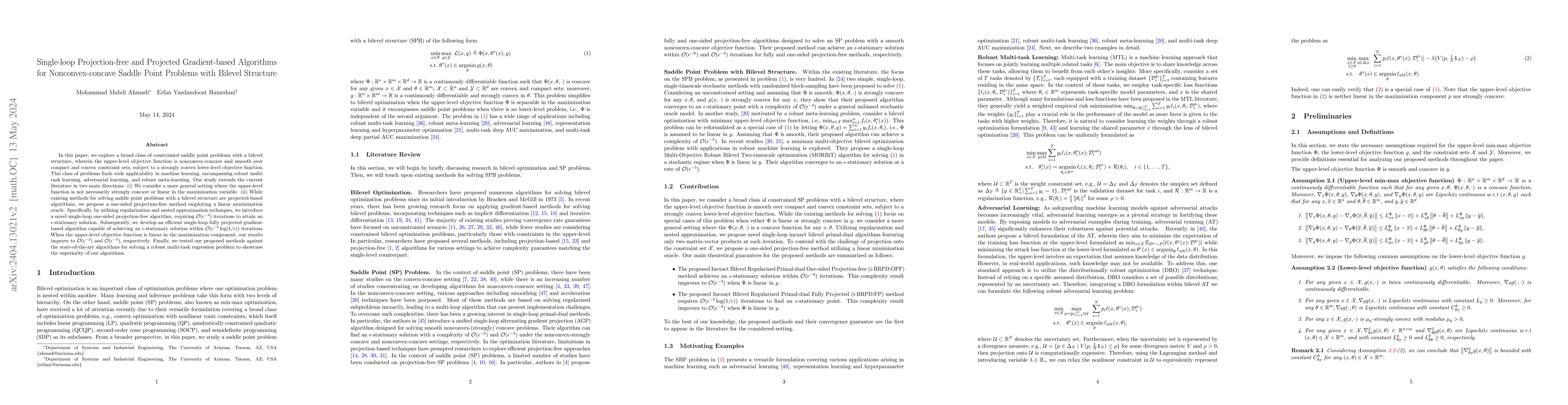 Thumbnail for Single-loop Projection-free and Projected Gradient-based Algorithms for
  Nonconvex-concave Saddle Point Problems with Bilevel Structure