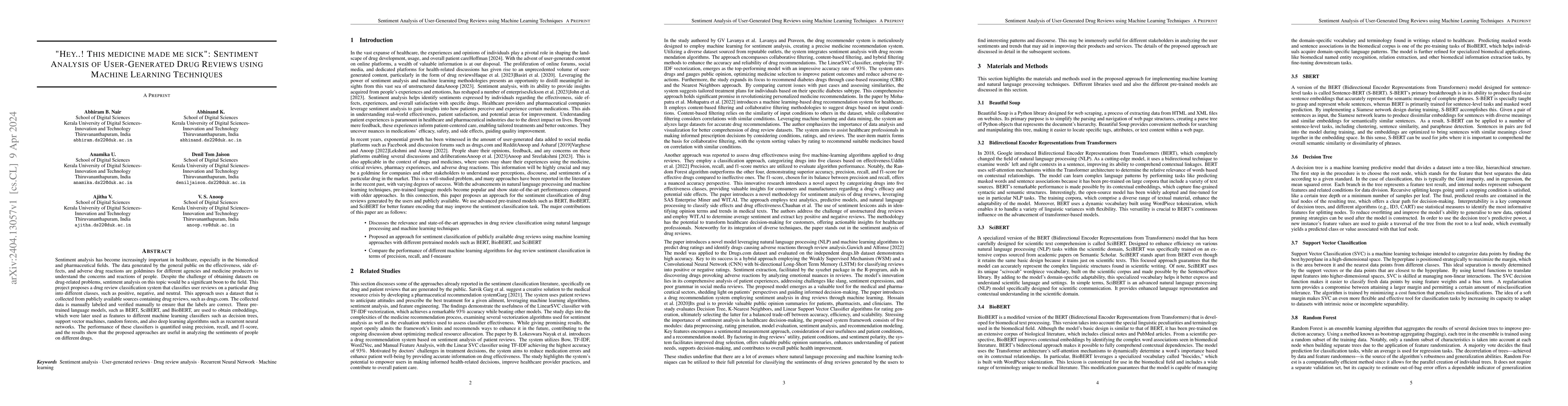 Thumbnail for "Hey..! This medicine made me sick": Sentiment Analysis of
  User-Generated Drug Reviews using Machine Learning Techniques