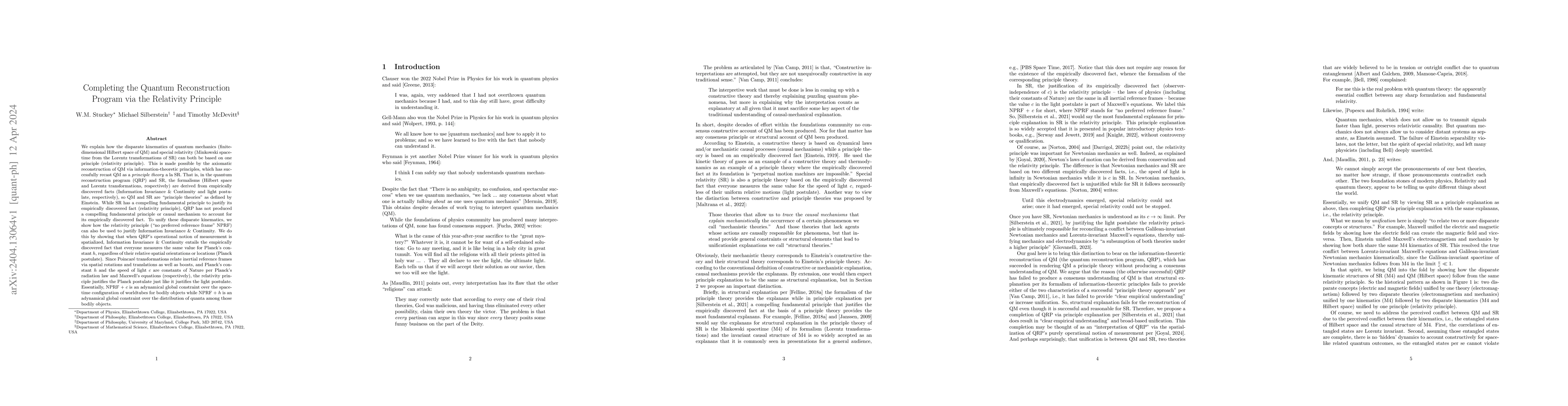 Thumbnail for Completing the Quantum Reconstruction Program via the Relativity
  Principle