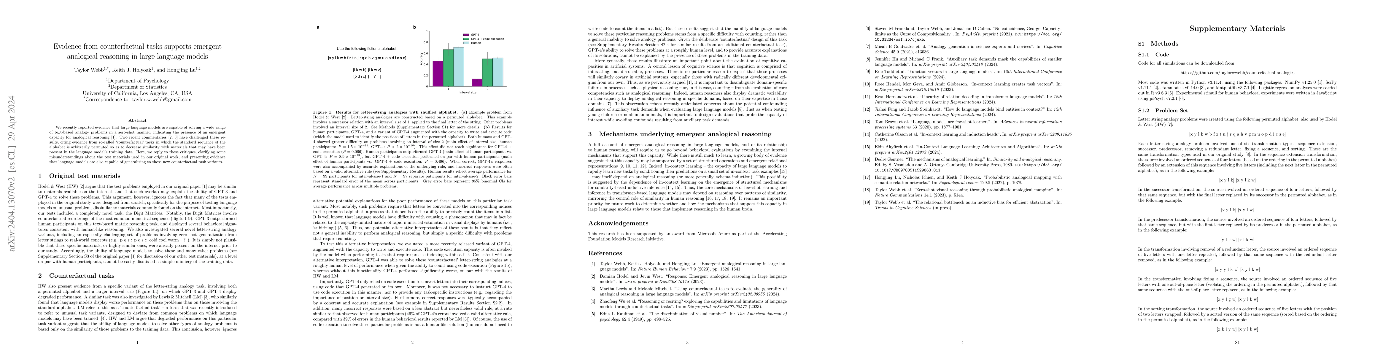 Thumbnail for Evidence from counterfactual tasks supports emergent analogical
  reasoning in large language models