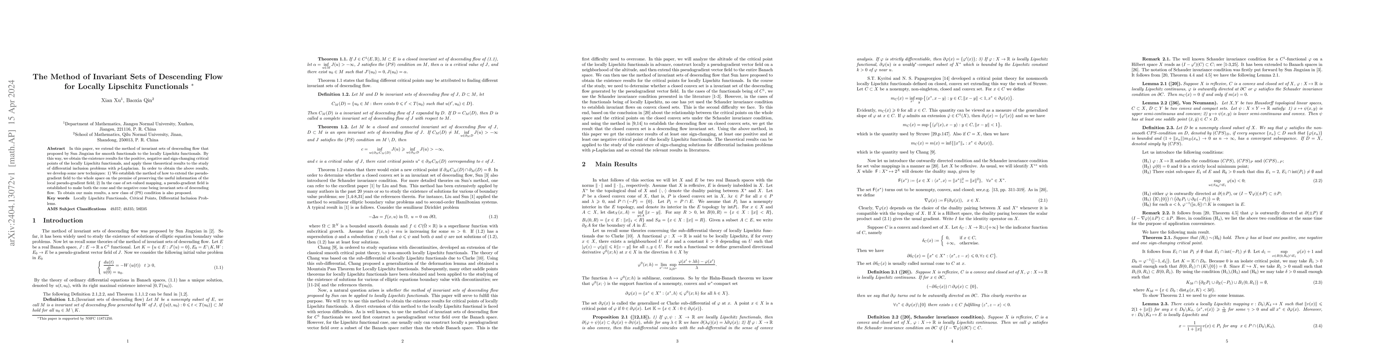 Thumbnail for The Method of Invariant Sets of Descending Flow for Locally Lipschitz
  Functionals