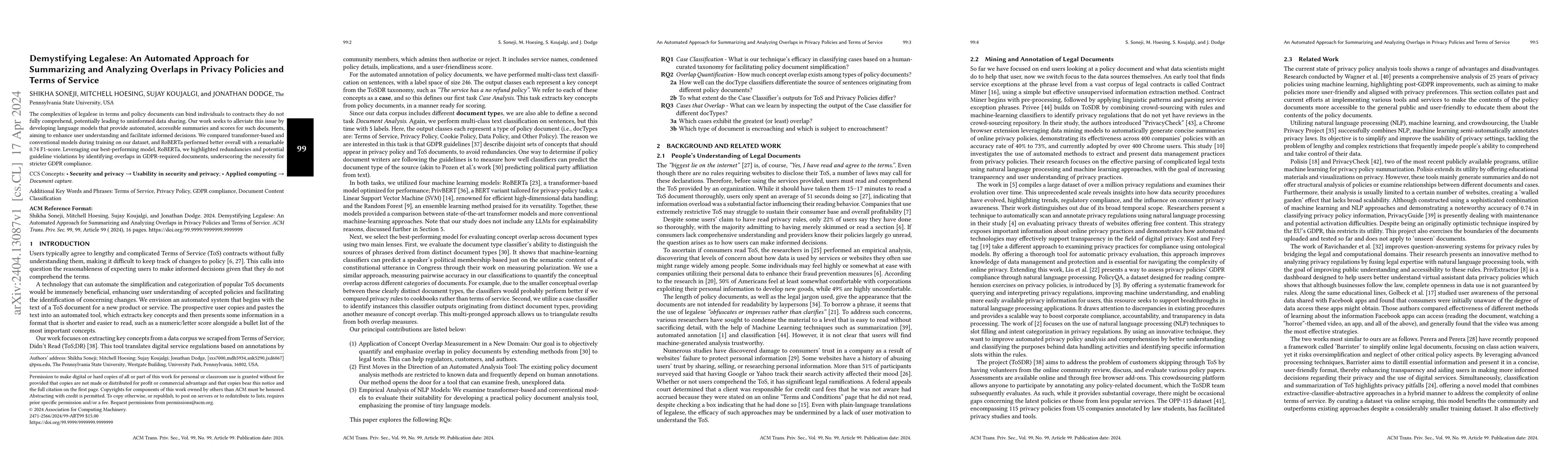 Thumbnail for Demystifying Legalese: An Automated Approach for Summarizing and
  Analyzing Overlaps in Privacy Policies and Terms of Service