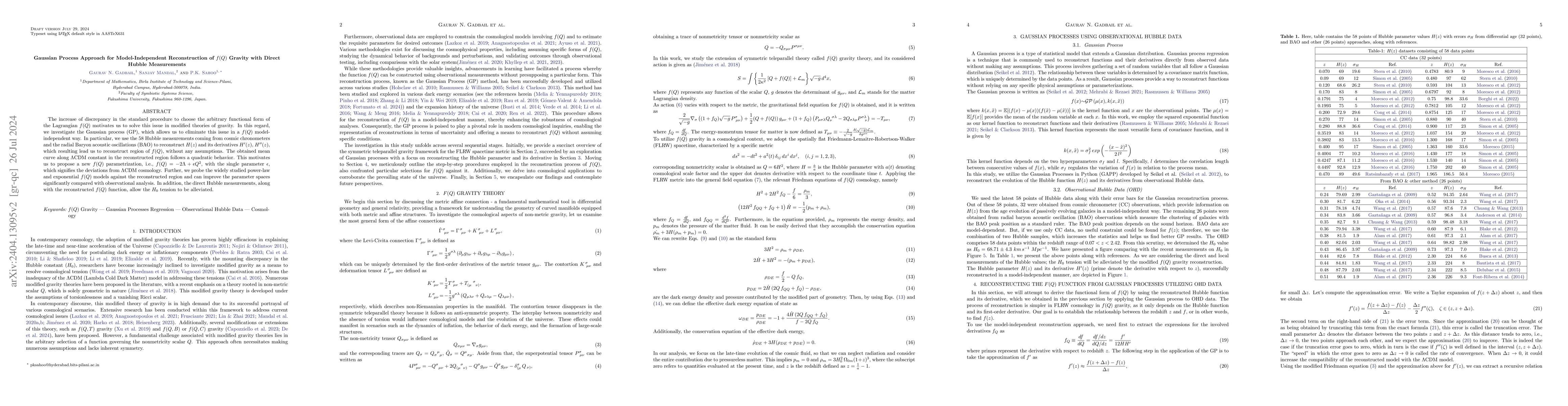 Thumbnail for Gaussian Process Approach for Model-Independent Reconstruction of $f(Q)$
  Gravity with Direct Hubble Measurements
