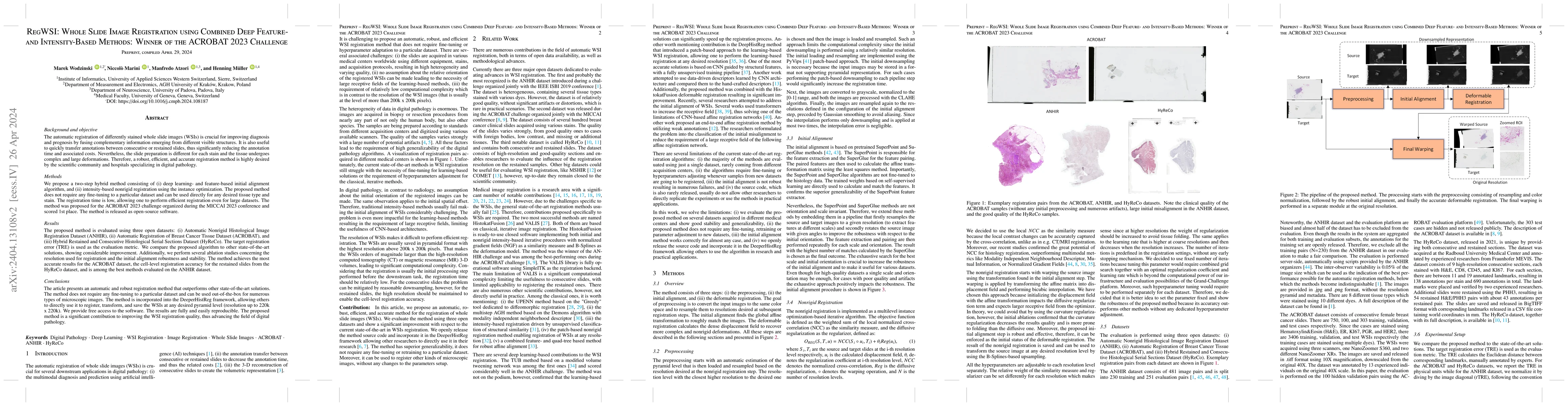 Thumbnail for RegWSI: Whole Slide Image Registration using Combined Deep Feature- and
  Intensity-Based Methods: Winner of the ACROBAT 2023 Challenge