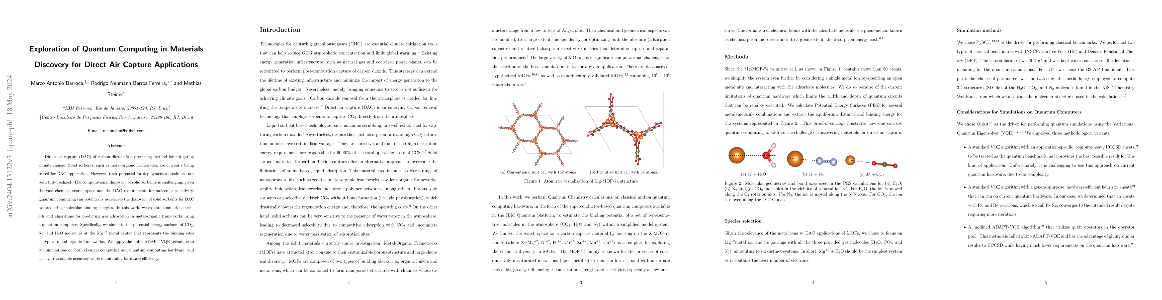 Thumbnail for Exploration of Quantum Computing in Materials Discovery for Direct Air
  Capture Applications