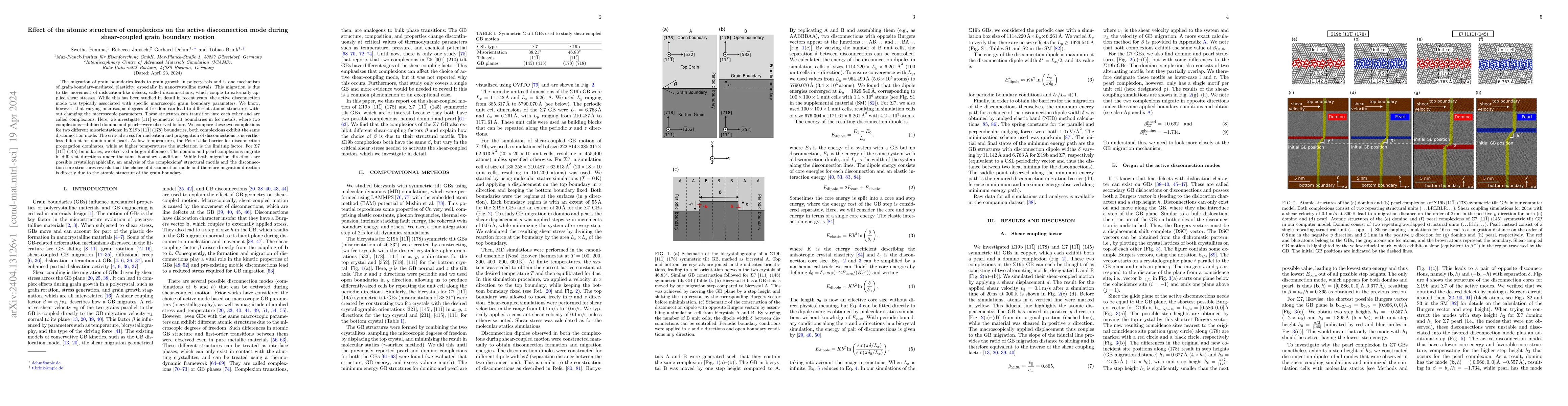 Thumbnail for Effect of the atomic structure of complexions on the active
  disconnection mode during shear-coupled grain boundary motion