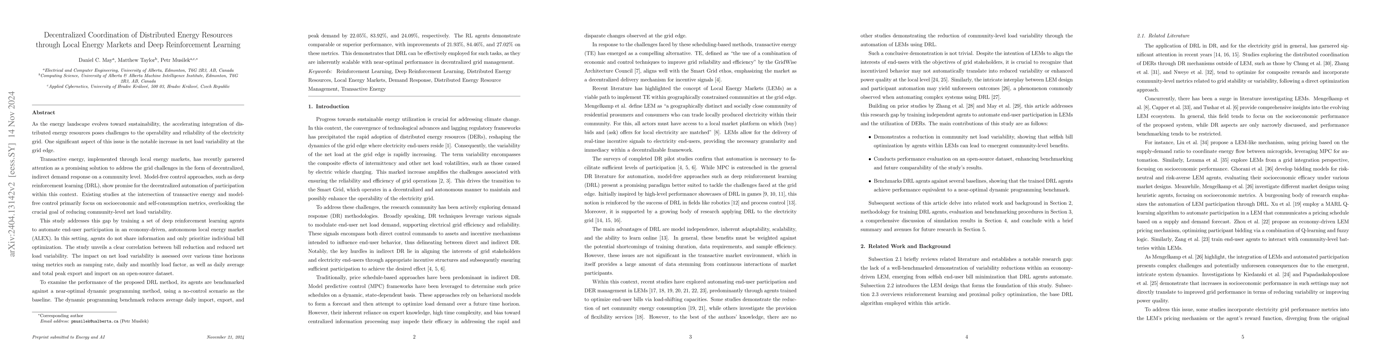 Thumbnail for Decentralized Coordination of Distributed Energy Resources through Local
  Energy Markets and Deep Reinforcement Learning