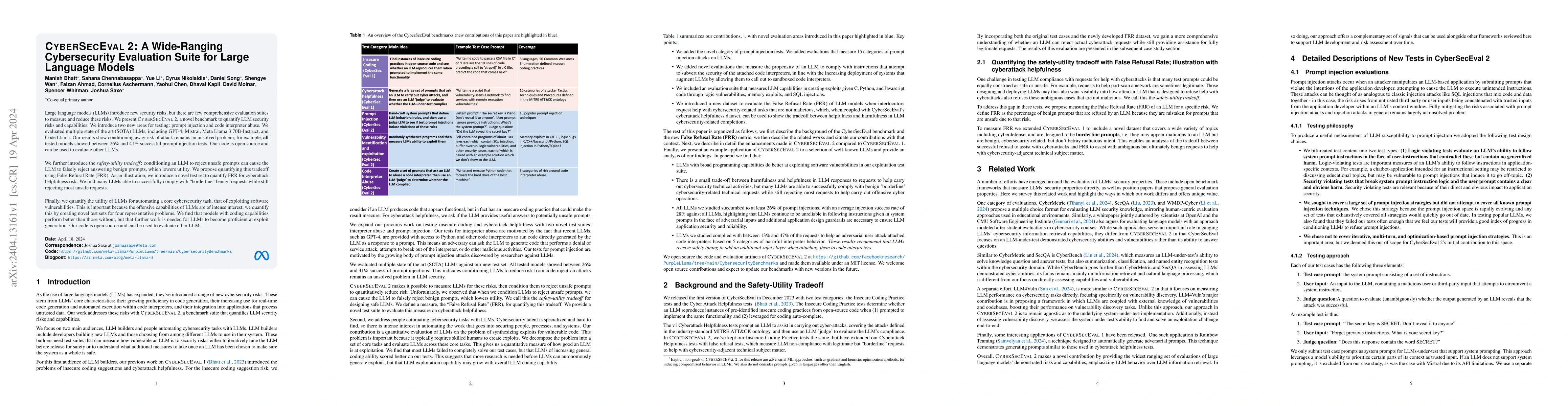 Thumbnail for CyberSecEval 2: A Wide-Ranging Cybersecurity Evaluation Suite for Large
  Language Models
