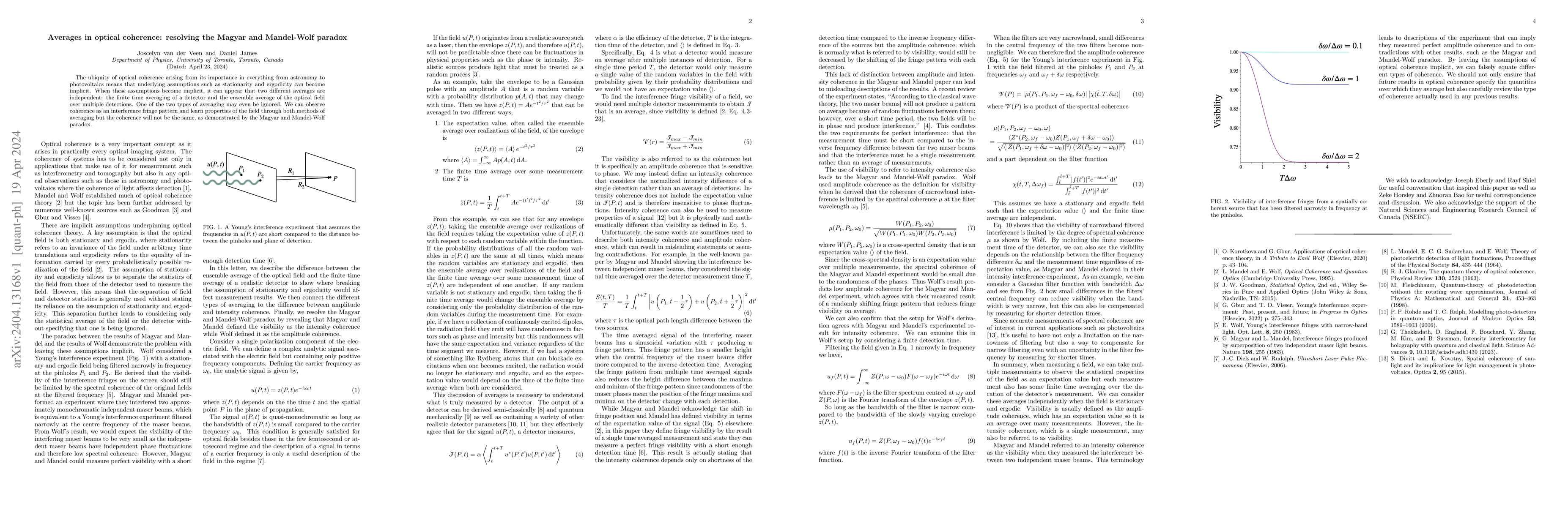 Thumbnail for Averages in optical coherence: resolving the Magyar and Mandel-Wolf
  paradox