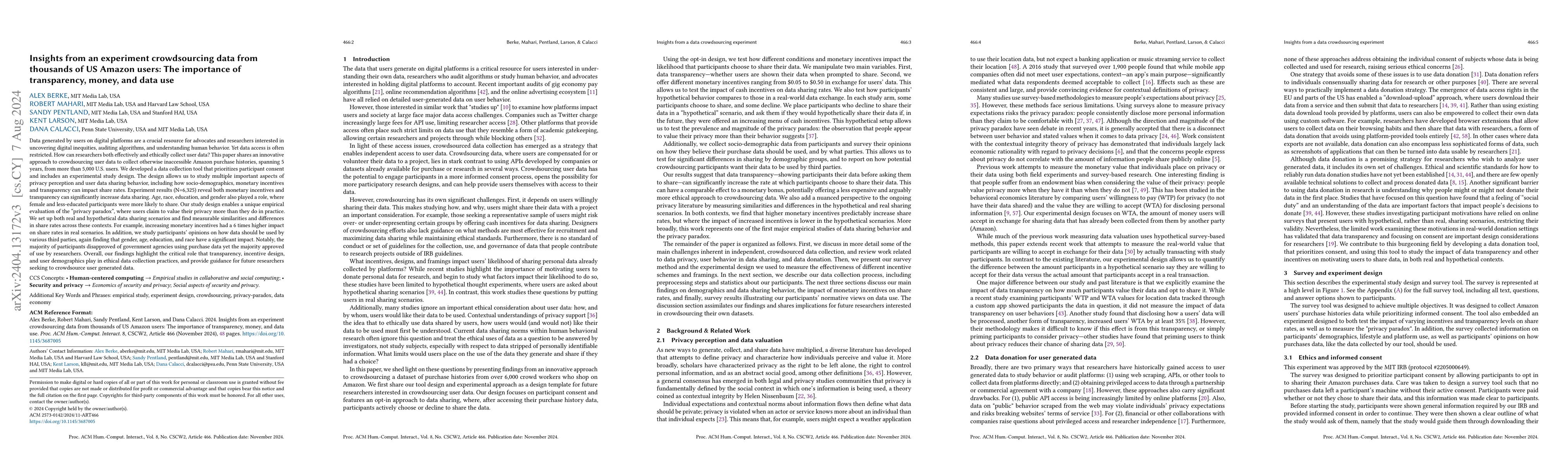 Thumbnail for Insights from an experiment crowdsourcing data from thousands of US
  Amazon users: The importance of transparency, money, and data use