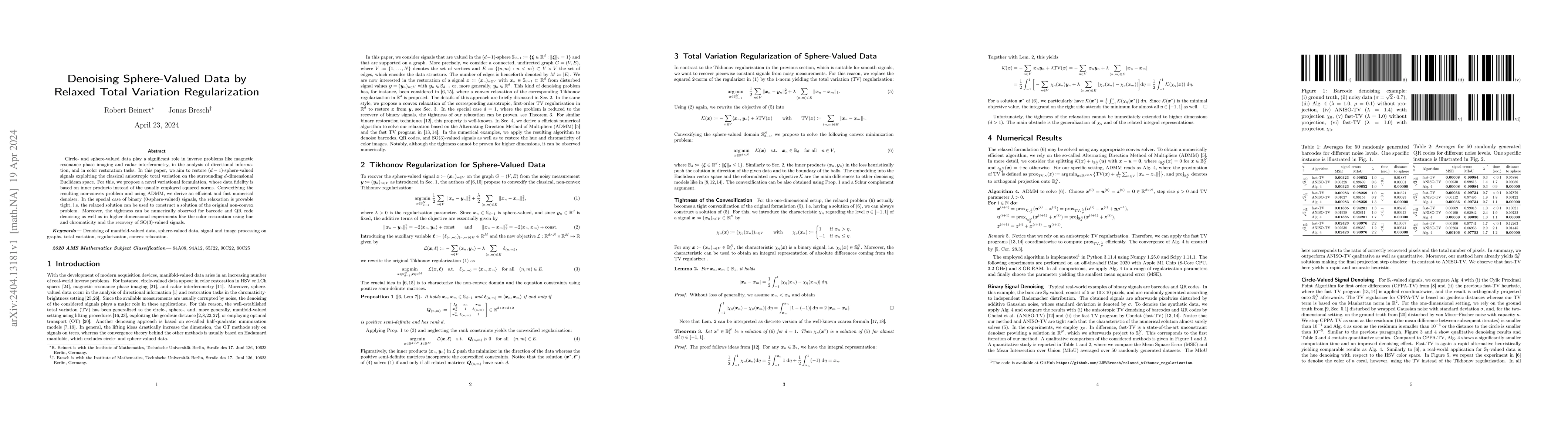 Thumbnail for Denoising Sphere-Valued Data by Relaxed Total Variation Regularization