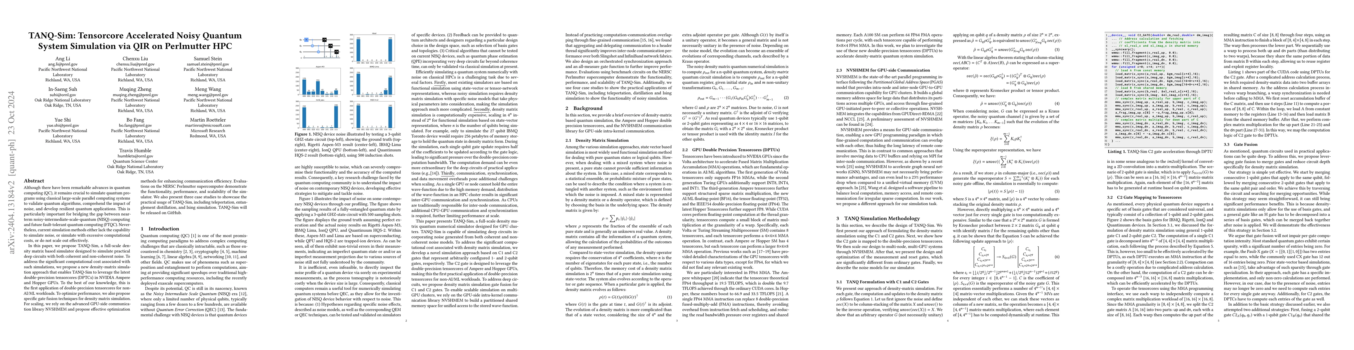 Thumbnail for TANQ-Sim: Tensorcore Accelerated Noisy Quantum System Simulation via QIR
  on Perlmutter HPC