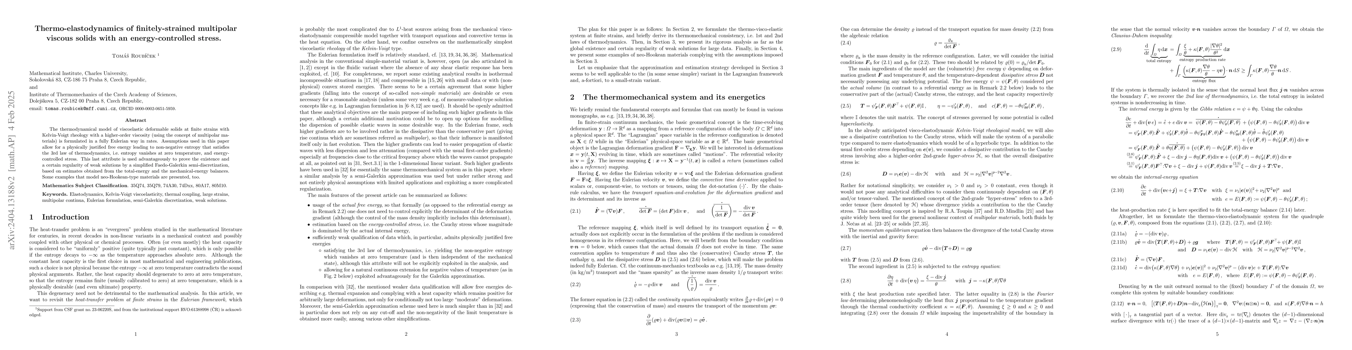 Thumbnail for Thermo-elastodynamics of finitely-strained multipolar viscous solids
  with an energy-controlled stress
