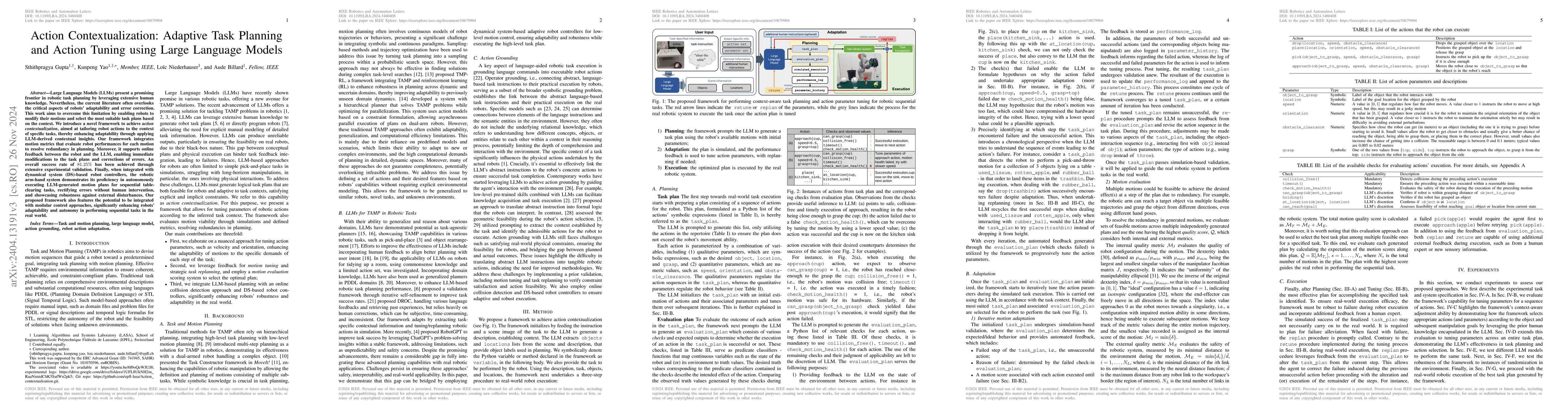 Thumbnail for Action Contextualization: Adaptive Task Planning and Action Tuning using
  Large Language Models