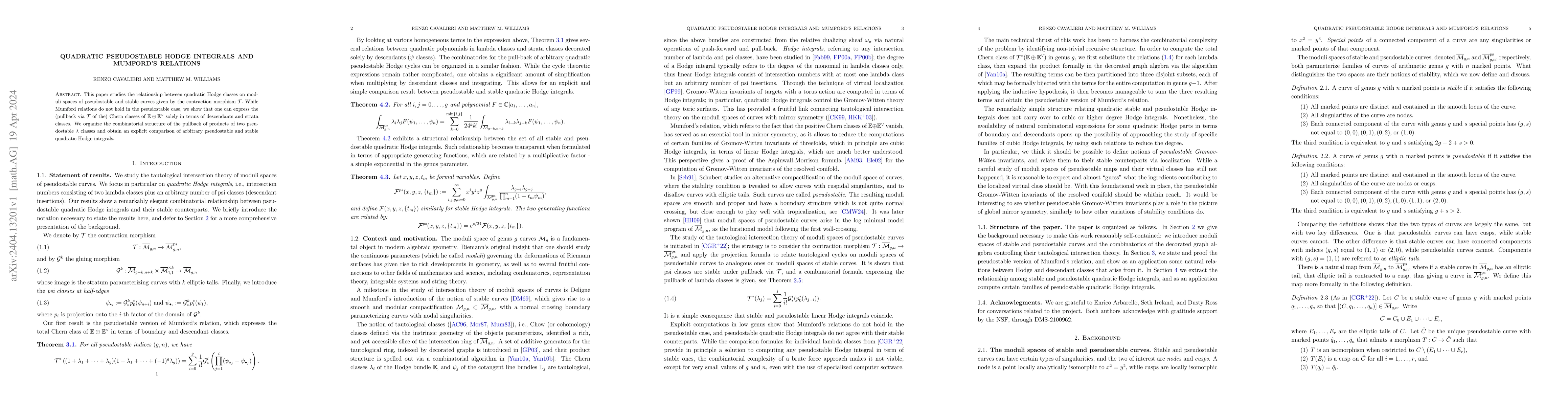 Thumbnail for Quadratic Pseudostable Hodge Integrals and Mumford's Relations