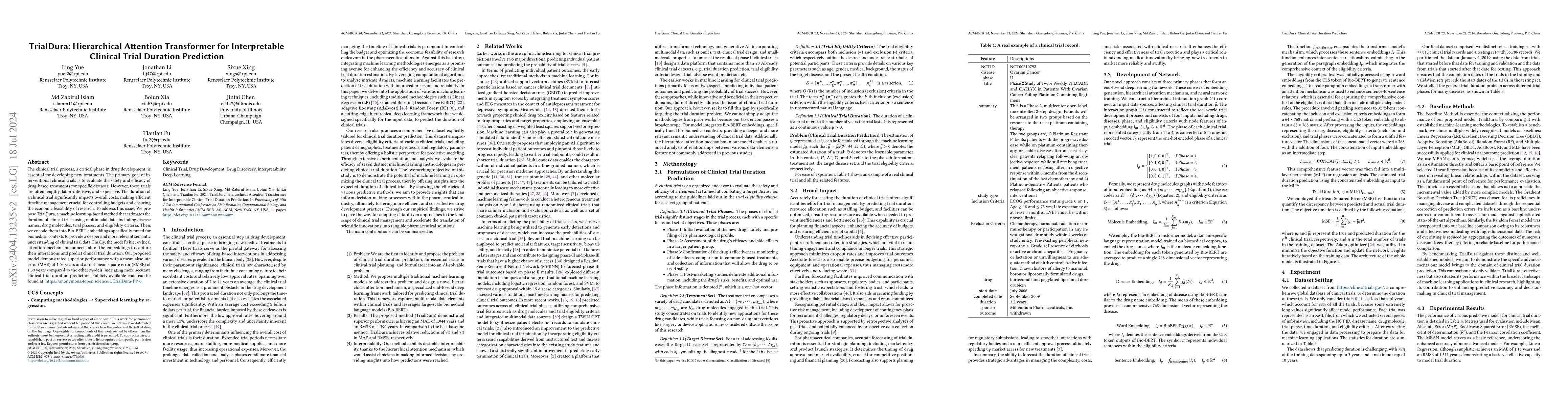 Thumbnail for TrialDura: Hierarchical Attention Transformer for Interpretable Clinical
  Trial Duration Prediction