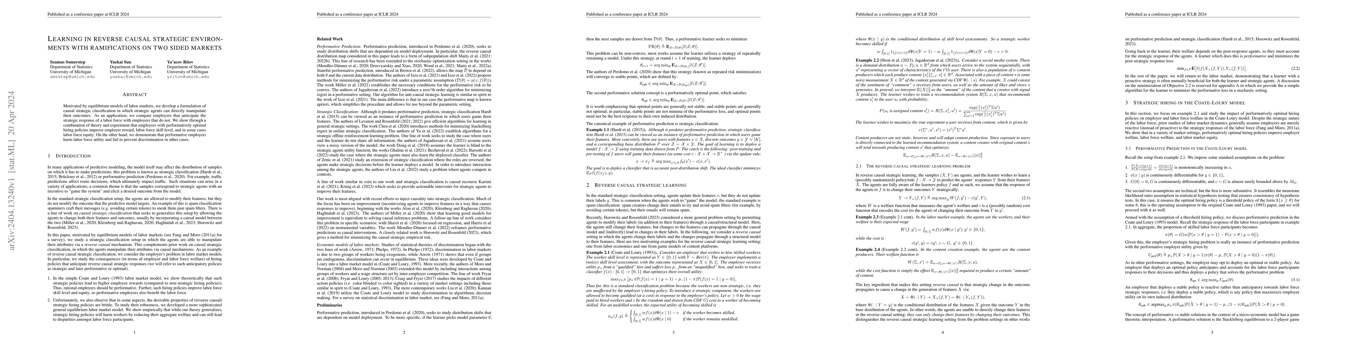 Thumbnail for Learning In Reverse Causal Strategic Environments With Ramifications on
  Two Sided Markets
