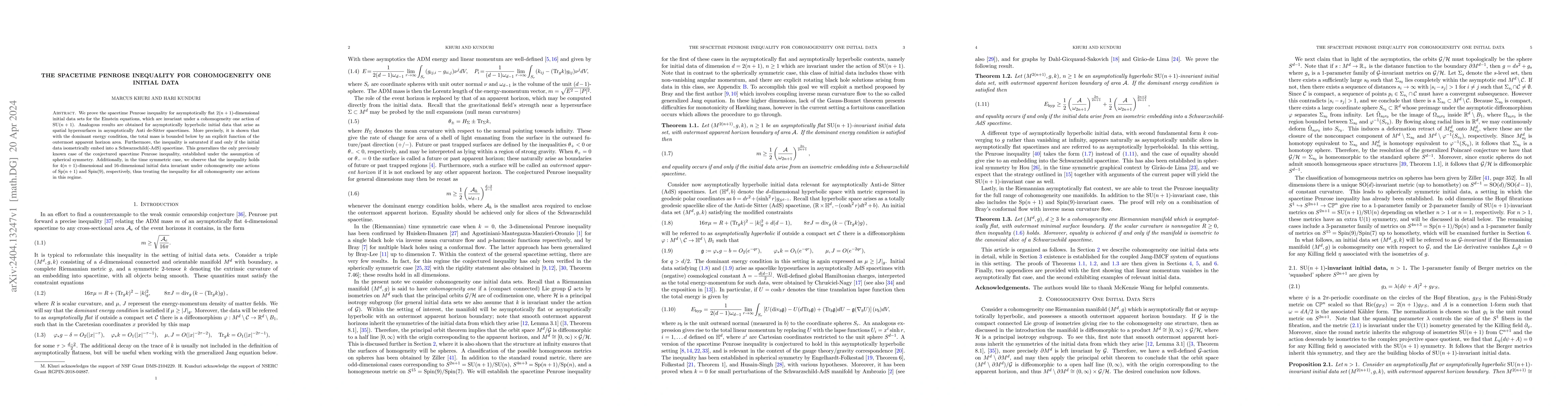 Thumbnail for The Spacetime Penrose Inequality for Cohomogeneity One Initial Data