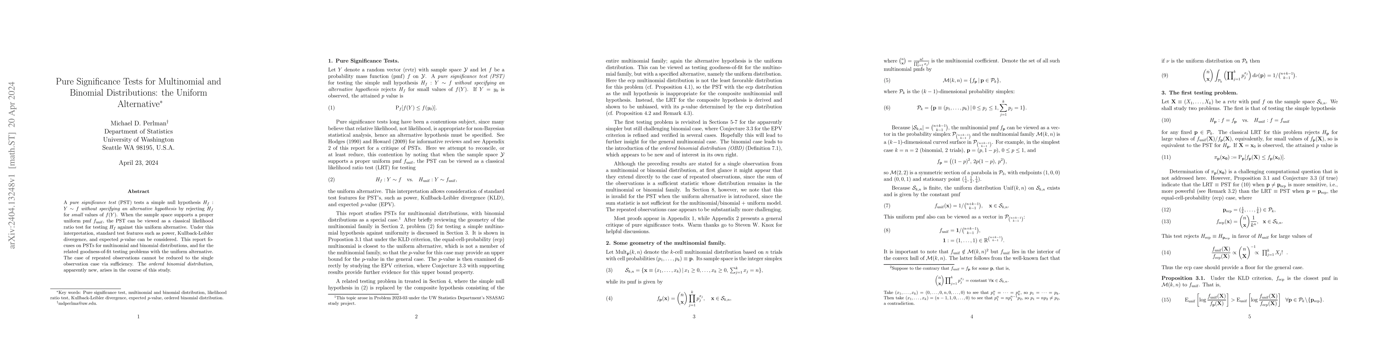 Thumbnail for Pure Significance Tests for Multinomial and Binomial Distributions: the
  Uniform Alternative