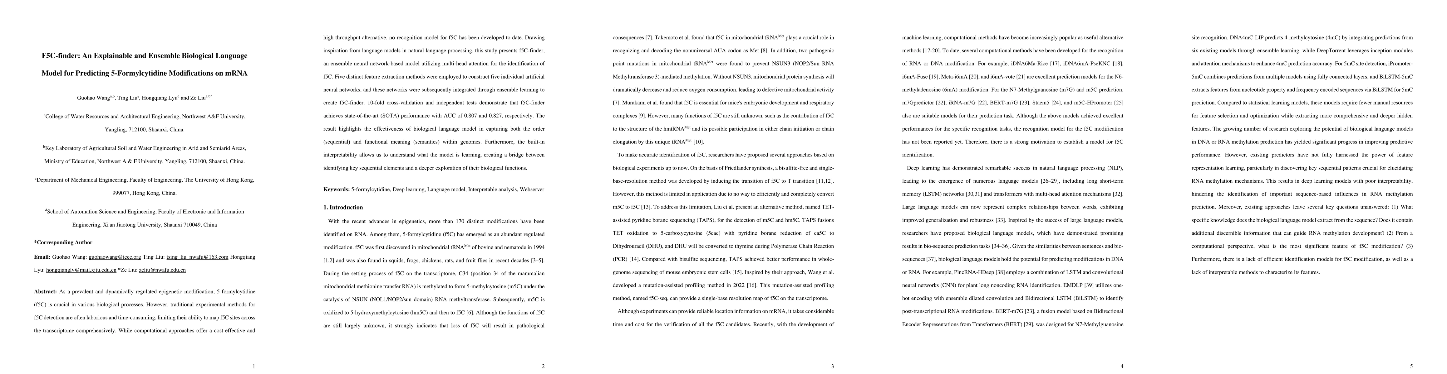 Thumbnail for F5C-finder: An Explainable and Ensemble Biological Language Model for
  Predicting 5-Formylcytidine Modifications on mRNA