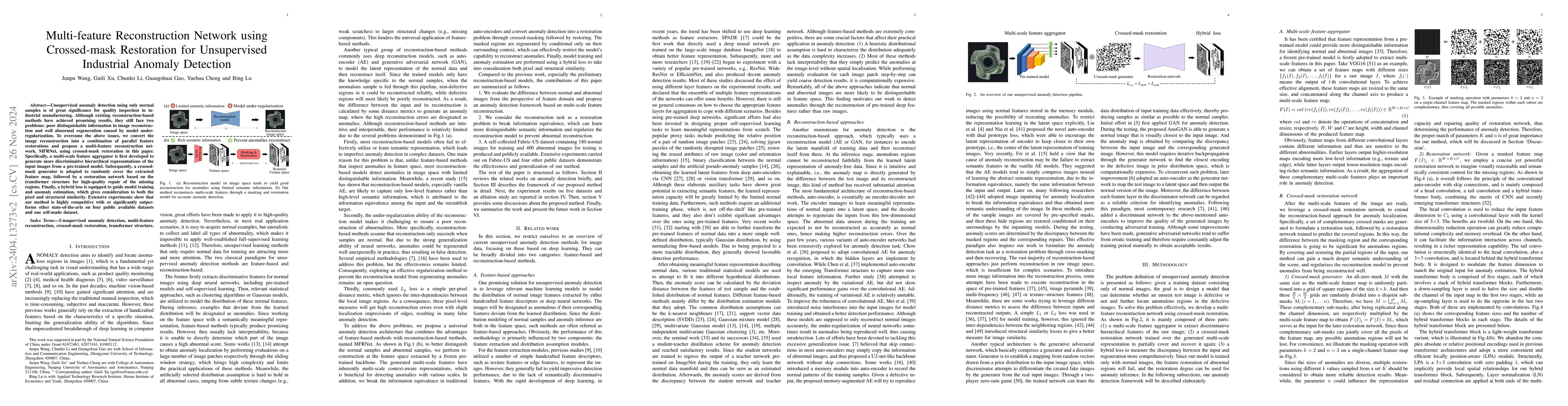Thumbnail for Multi-feature Reconstruction Network using Crossed-mask Restoration for
  Unsupervised Anomaly Detection