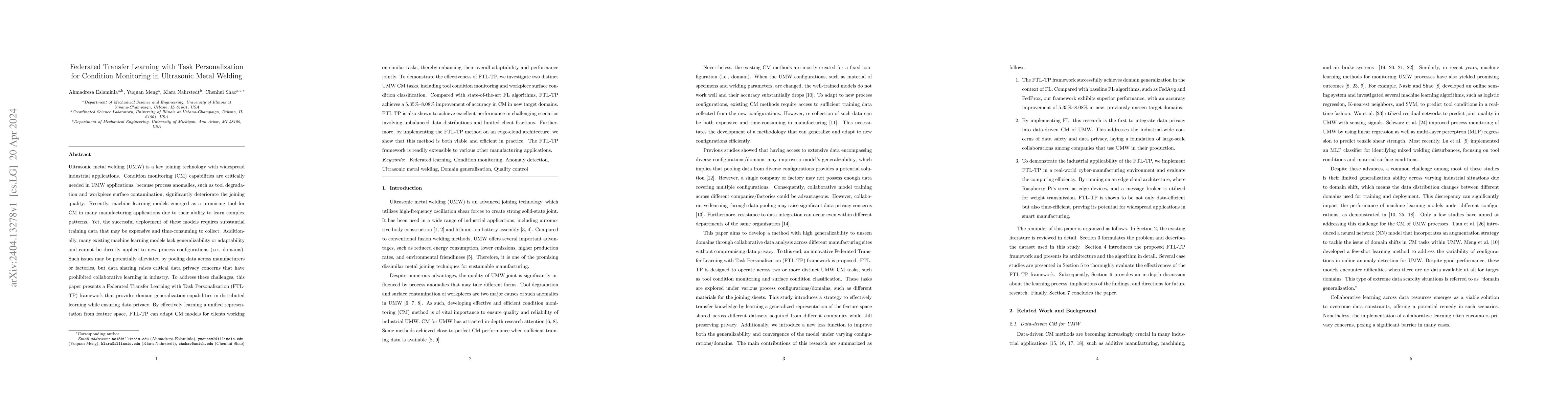 Thumbnail for Federated Transfer Learning with Task Personalization for Condition
  Monitoring in Ultrasonic Metal Welding