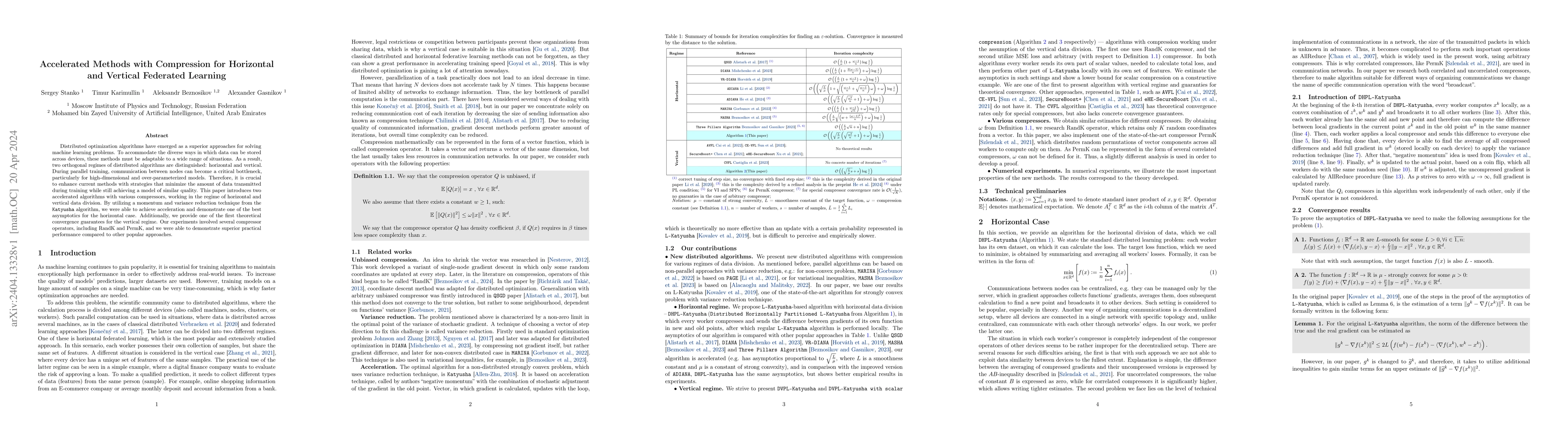 Thumbnail for Accelerated Methods with Compression for Horizontal and Vertical
  Federated Learning